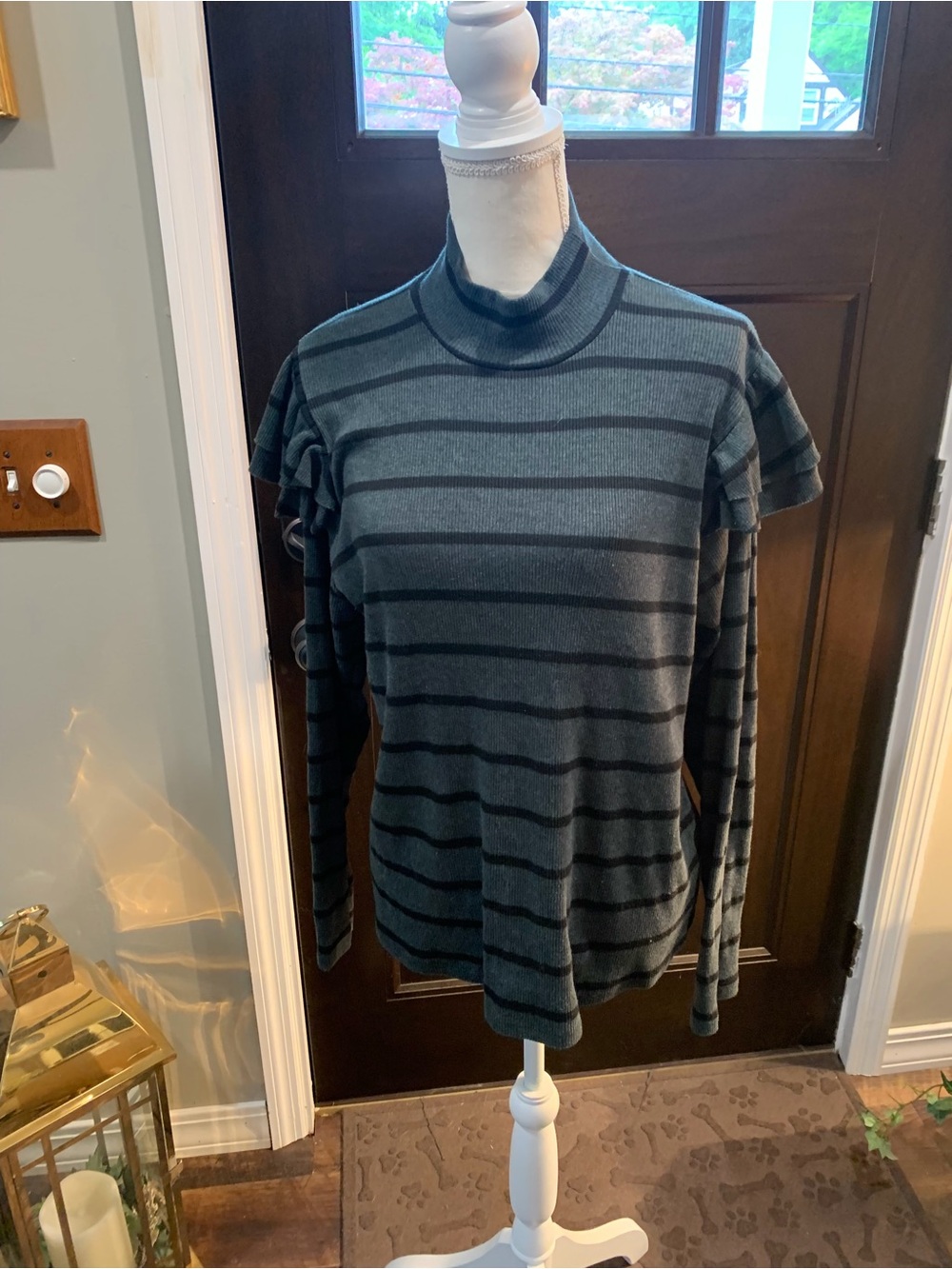 T.La Men's Striped Turtleneck Sweater in Teal and Black